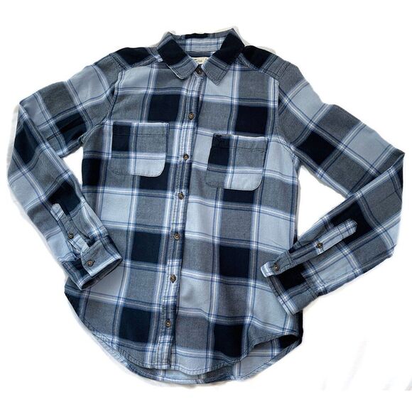 Abercrombie & Fitch Button Down Shirt | Navy Blue Plaid Flannel - Size S - Picture 9 of 12